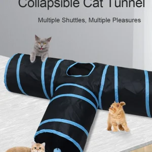 Luxury Black Polyester Fiber 3-Way Interactive Foldable Cat Tunnel Toy with Custom Logo, Indoor Cat Playground